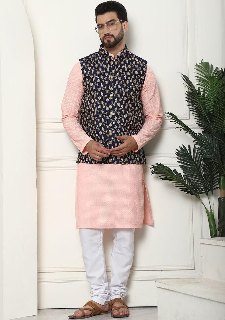 Peach Thread Work Cotton Kurta Set For Men