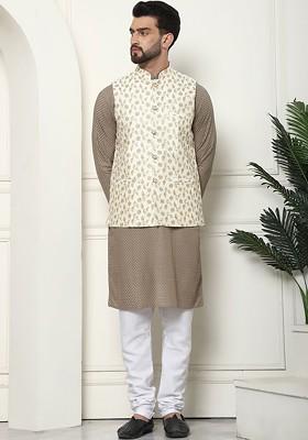Coffee Brown Thread Work Cotton Kurta Set For Men