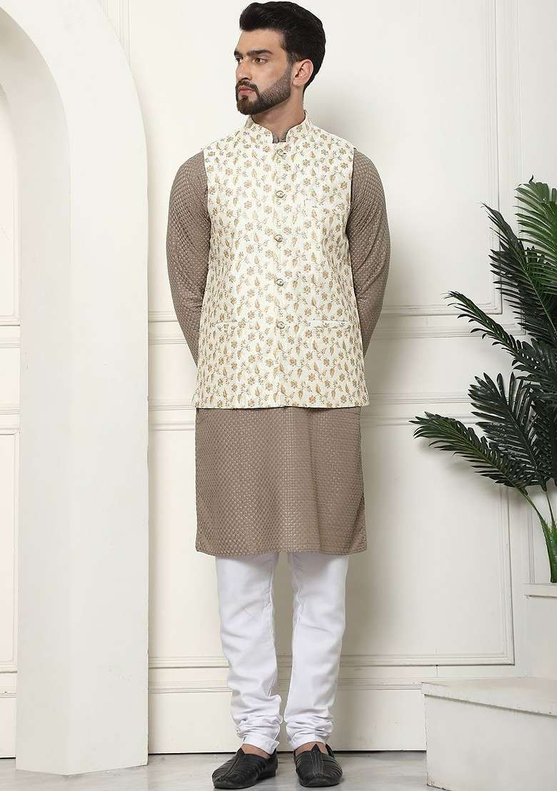 Coffee Brown Thread Work Cotton Kurta Set For Men - Indya