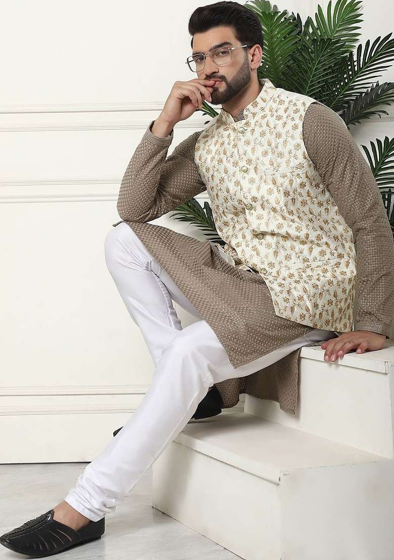 Coffee Brown Thread Work Cotton Kurta Set For Men - Indya
