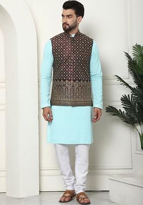 Turquoise Blue Solid Cotton Kurta Set For Men
