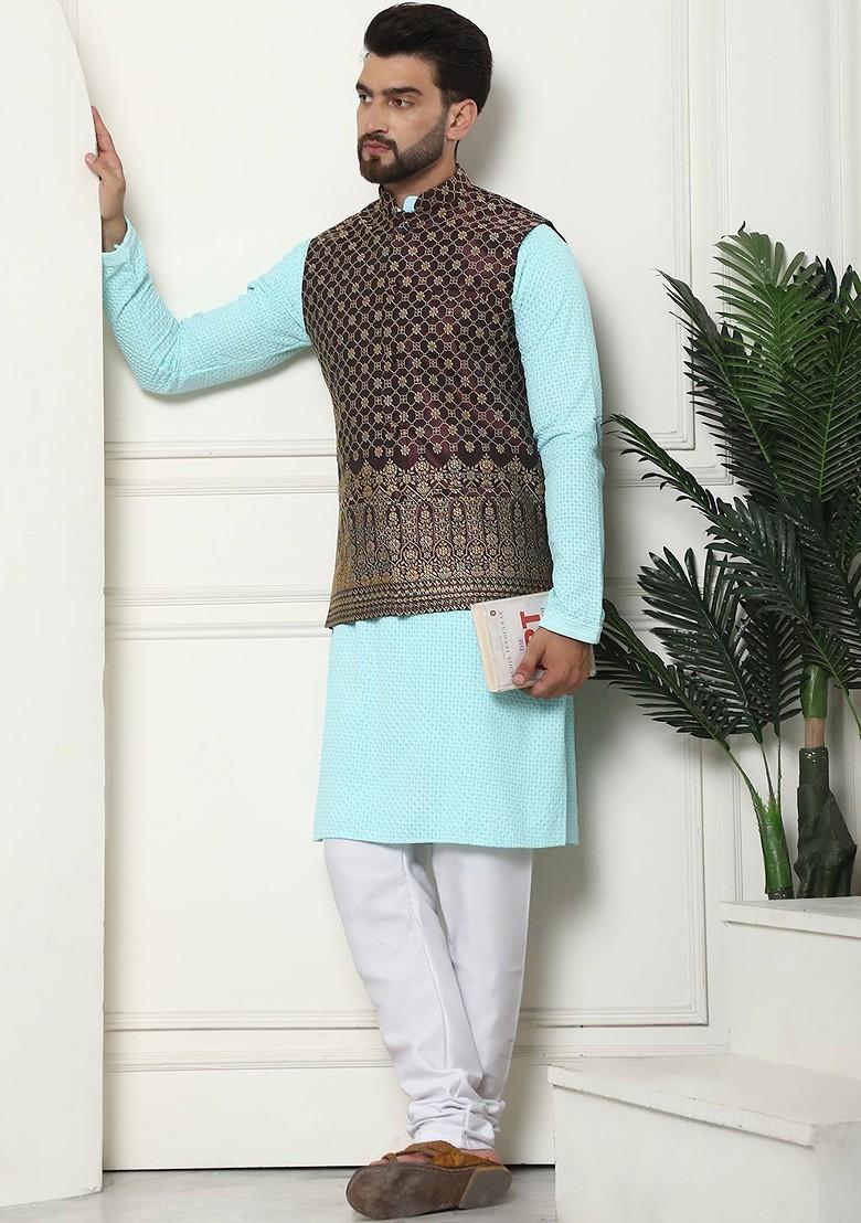 Turquoise Blue Solid Cotton Kurta Set For Men