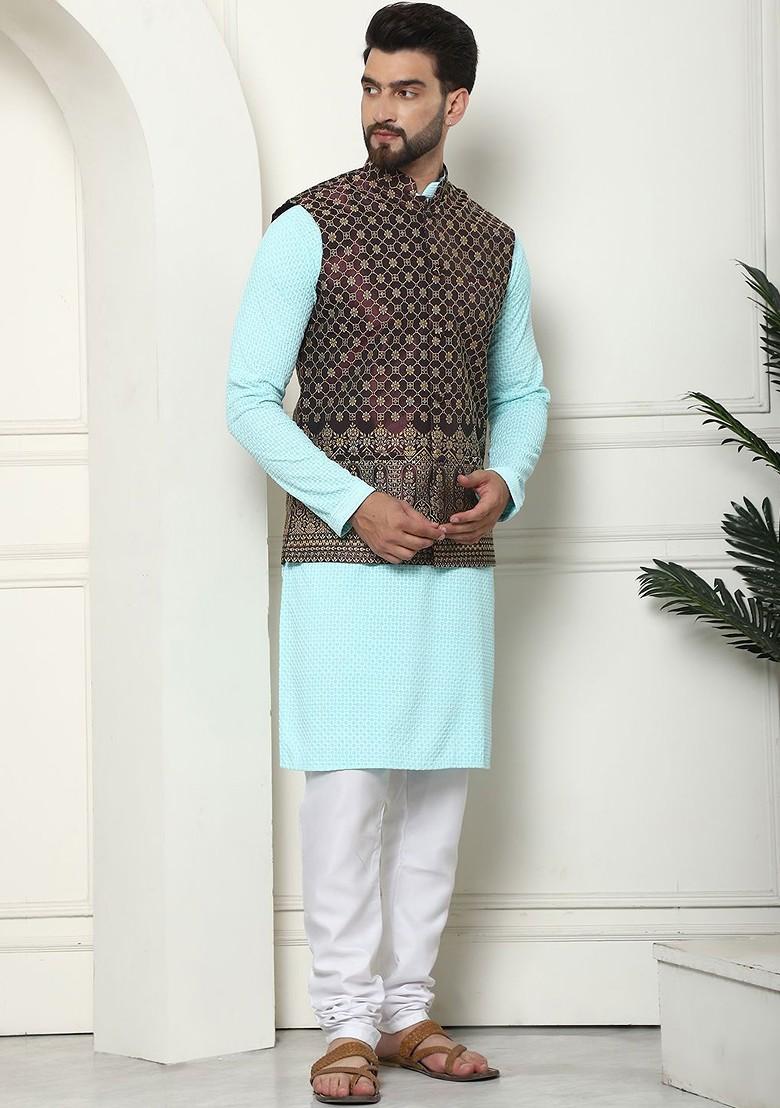 Turquoise Blue Solid Cotton Kurta Set For Men