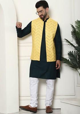 Green Solid Cotton Kurta Set For Men