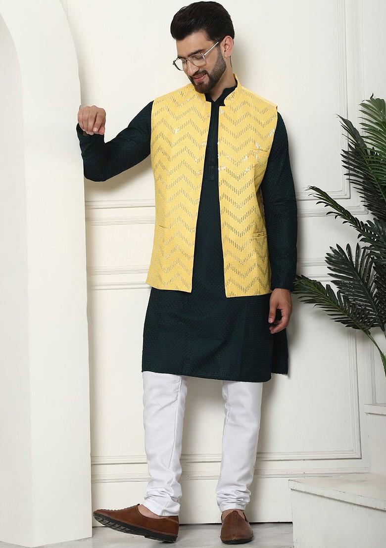 Green Solid Cotton Kurta Set For Men