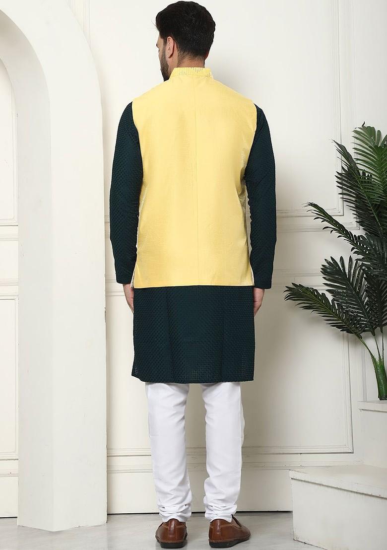 Green Solid Cotton Kurta Set For Men
