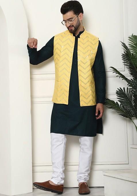 Green Solid Cotton Kurta Set For Men