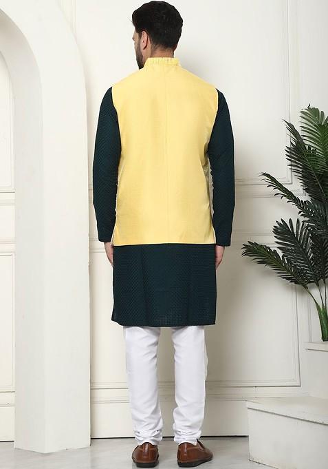 Green Solid Cotton Kurta Set For Men