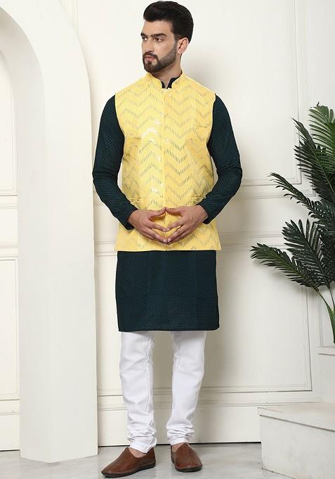 Green Solid Cotton Kurta Set For Men