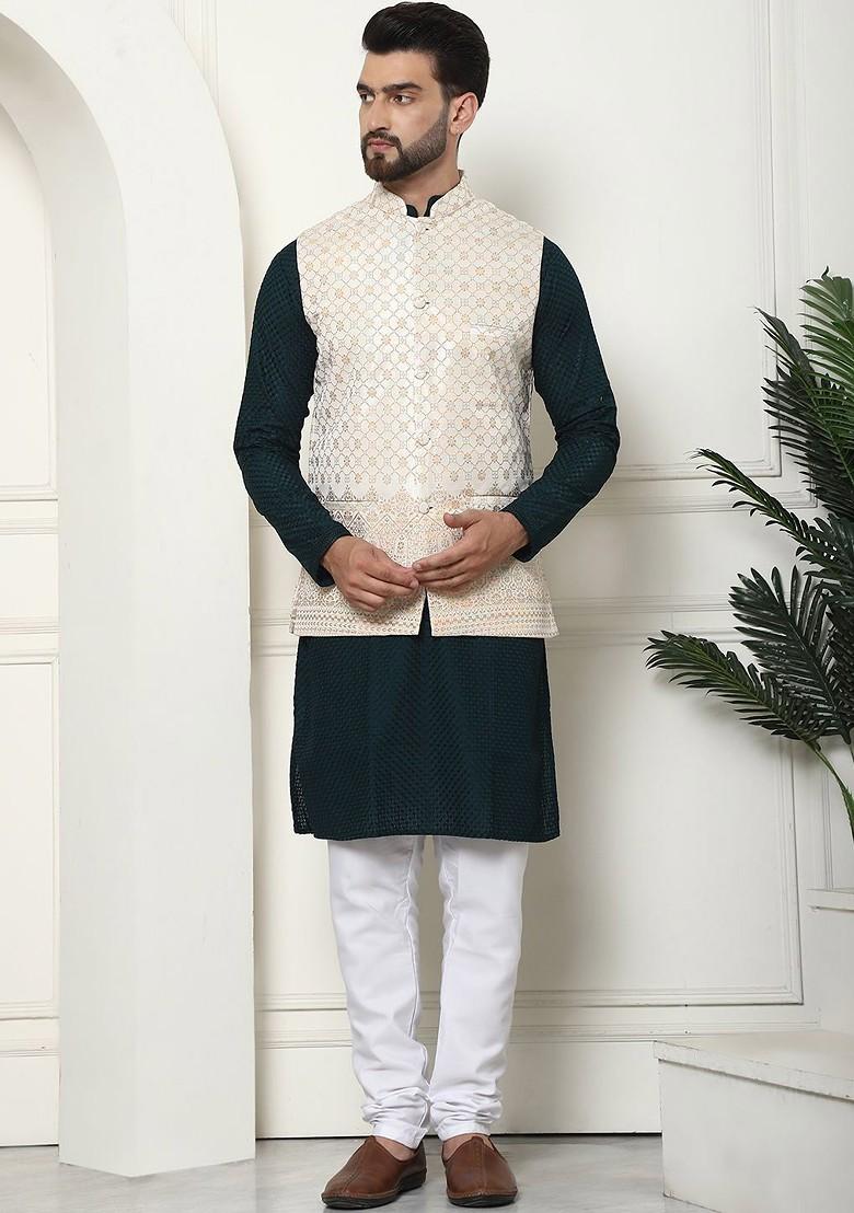 Green Thread Work Cotton Kurta Set For Men