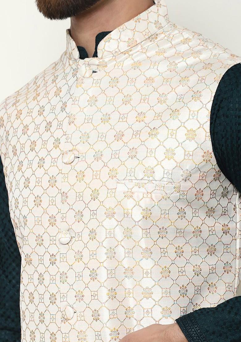 Green Thread Work Cotton Kurta Set For Men