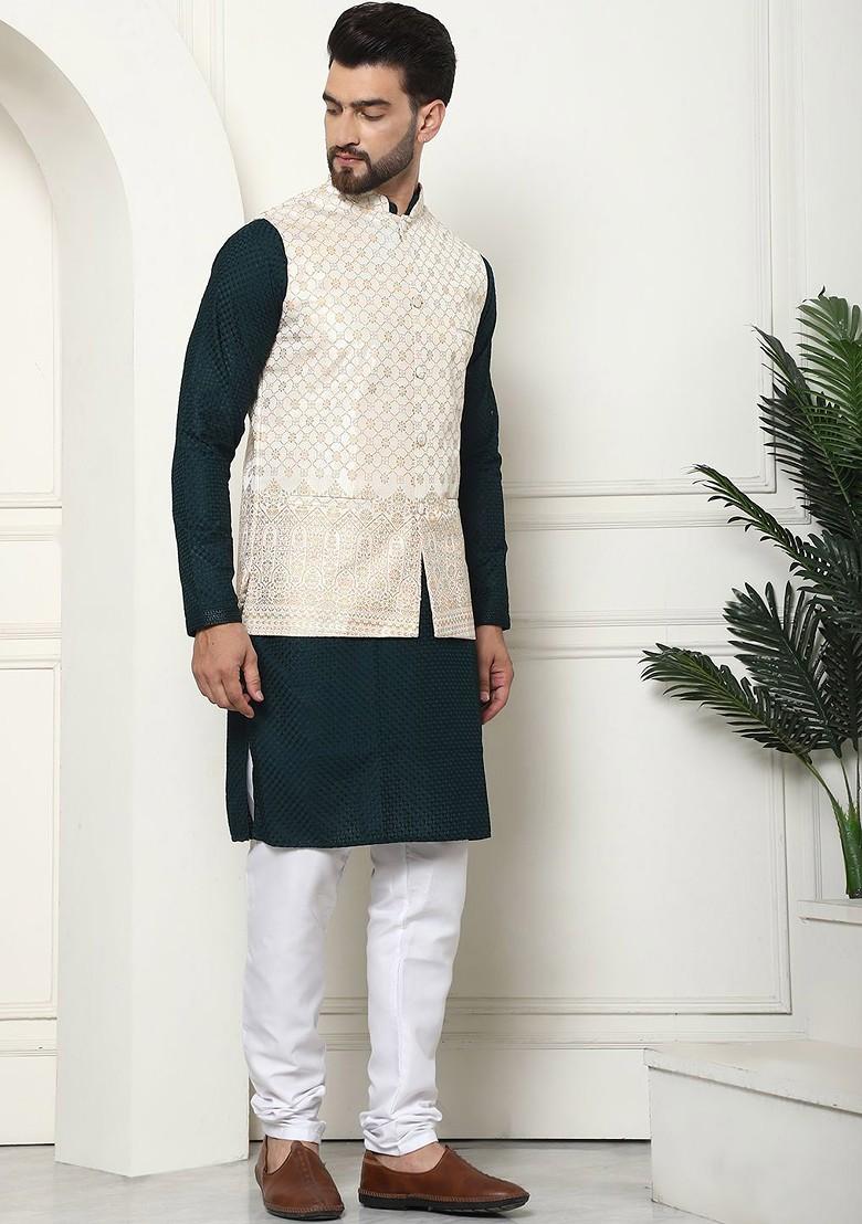 Green Thread Work Cotton Kurta Set For Men