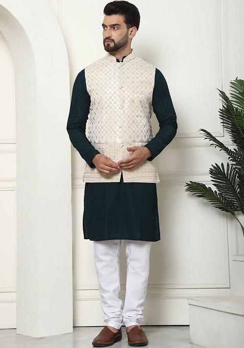 Green Thread Work Cotton Kurta Set For Men