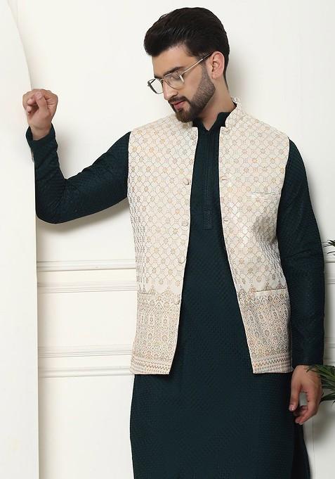 Green Thread Work Cotton Kurta Set For Men