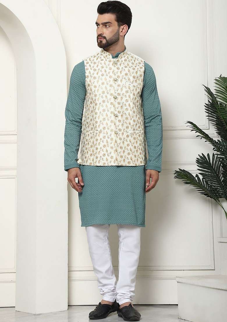 Sea Green Embroidered Cotton Kurta Set For Men - Indya