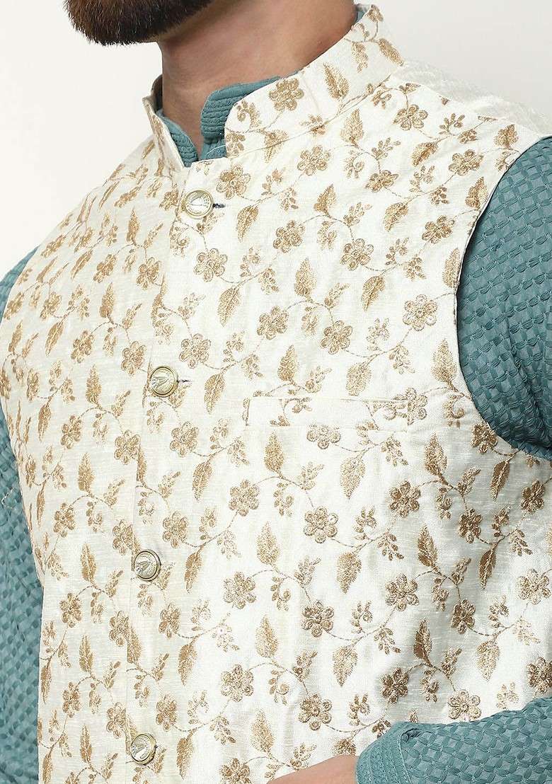 Sea Green Embroidered Cotton Kurta Set For Men - Indya