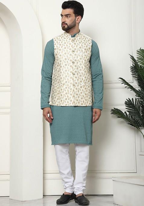 Sea Green Embroidered Cotton Kurta Set For Men — view on Indya