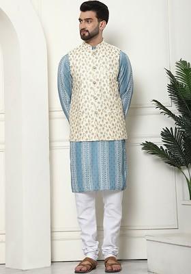 Teal Blue Thread Work Poly Blend Kurta Set For Men