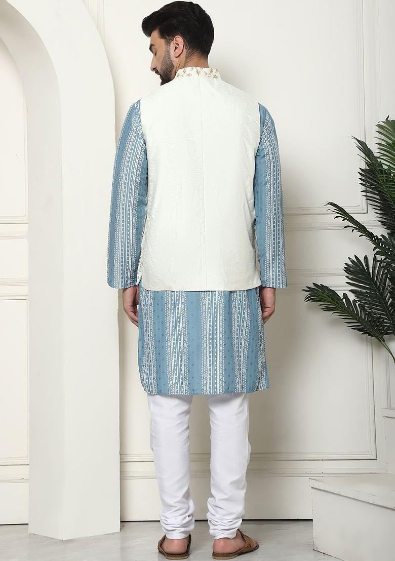 Teal Blue Thread Work Poly Blend Kurta Set For Men