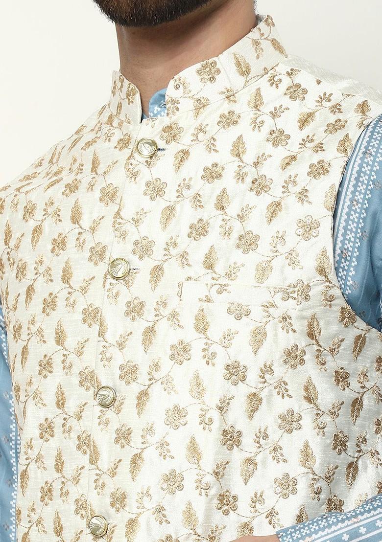 Teal Blue Thread Work Poly Blend Kurta Set For Men