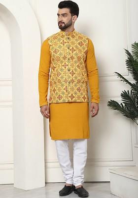 Mustard Solid Cotton Kurta Set For Men