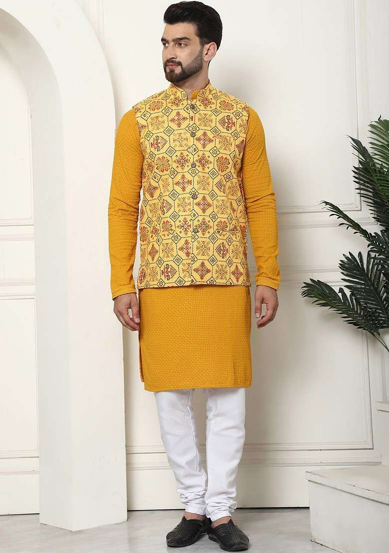 Mustard Solid Cotton Kurta Set For Men - Indya