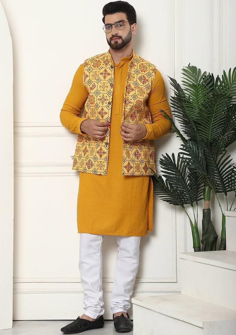 Mustard Solid Cotton Kurta Set For Men