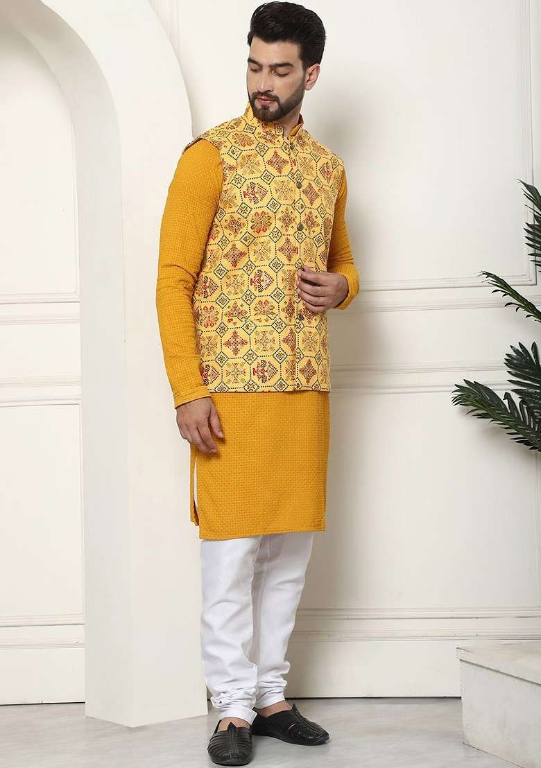Mustard Solid Cotton Kurta Set For Men - Indya