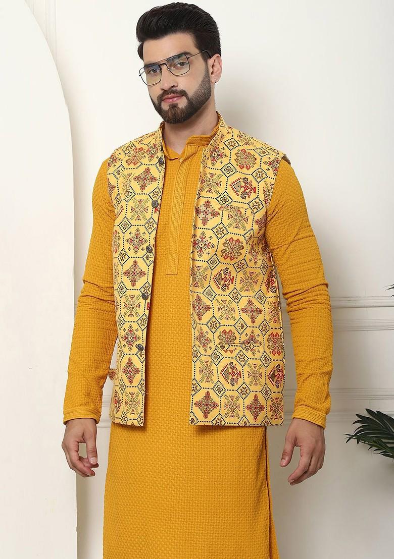 Mustard Solid Cotton Kurta Set For Men