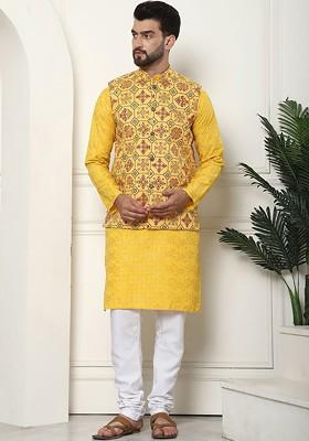 Mustard Printed Cotton Kurta Set For Men