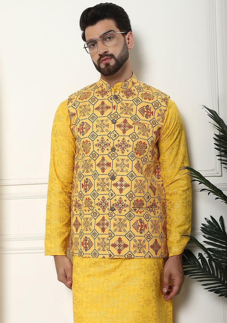 Mustard Printed Cotton Kurta Set For Men