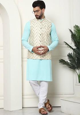 Turquoise Blue Floral Print Cotton Kurta Set For Men