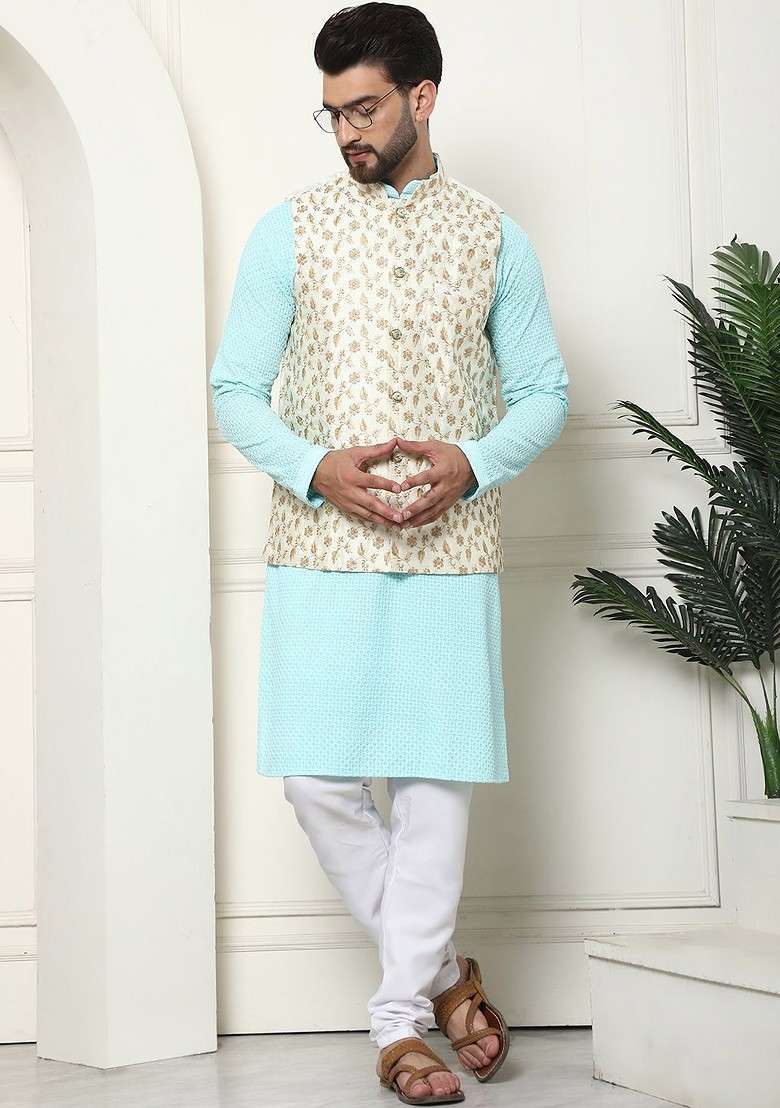 Turquoise Blue Floral Print Cotton Kurta Set For Men - Indya
