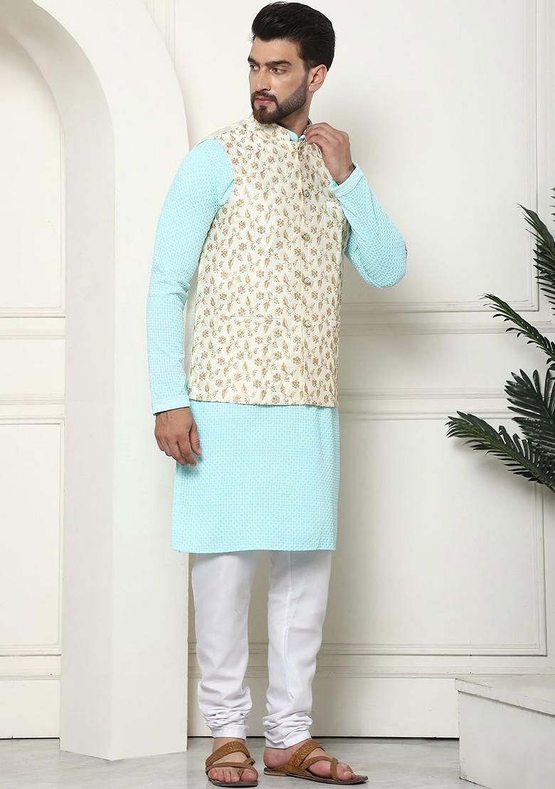 Turquoise Blue Floral Print Cotton Kurta Set For Men