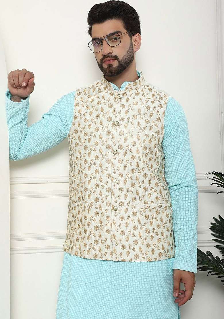 Turquoise Blue Floral Print Cotton Kurta Set For Men - Indya
