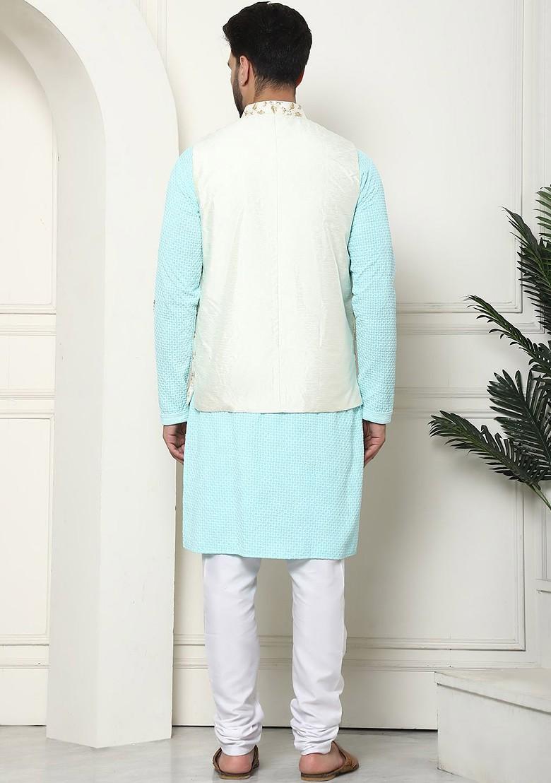 Turquoise Blue Floral Print Cotton Kurta Set For Men