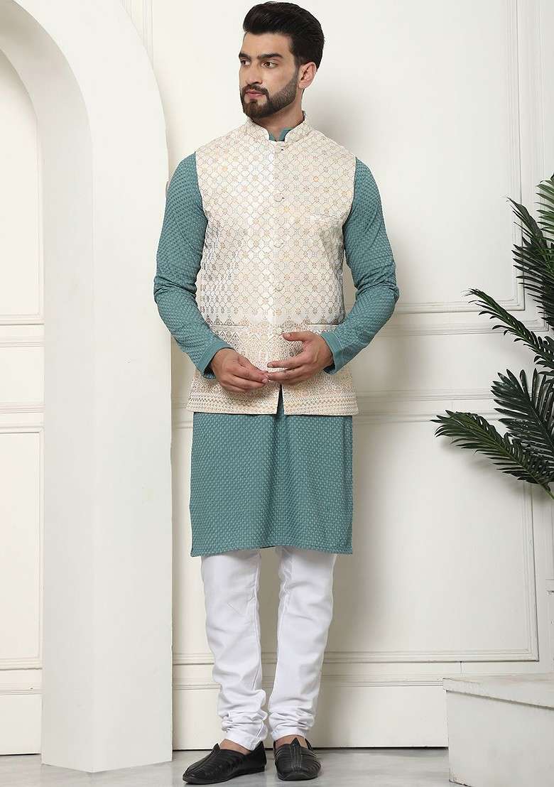 Sea Green Solid Cotton Kurta Set For Men - Indya