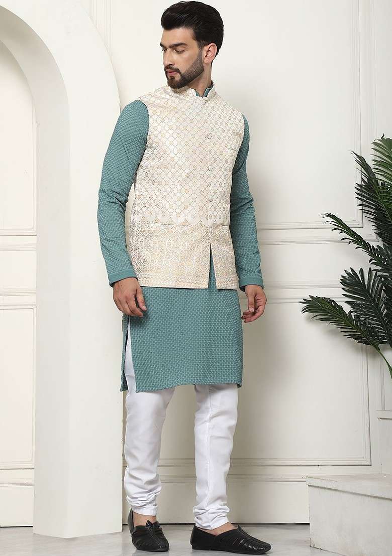 Sea Green Solid Cotton Kurta Set For Men - Indya