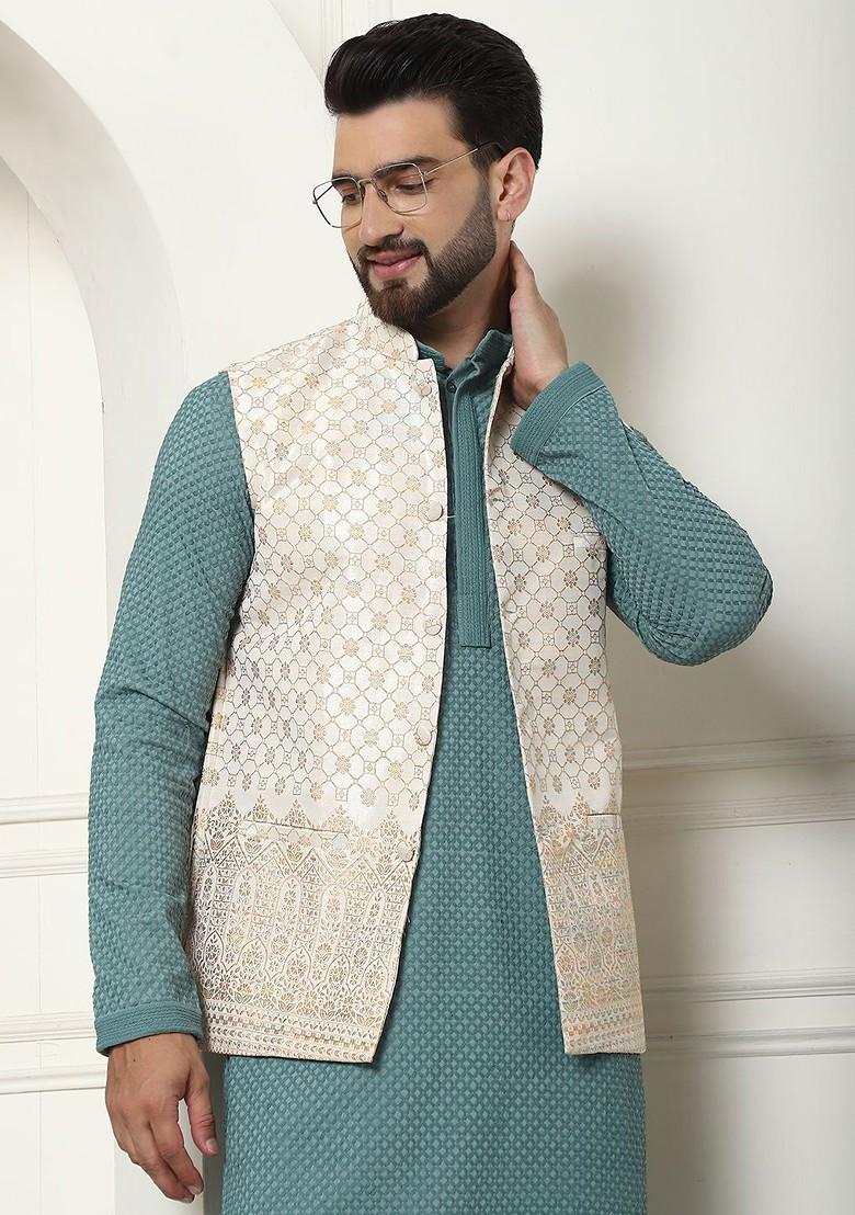Sea Green Solid Cotton Kurta Set For Men