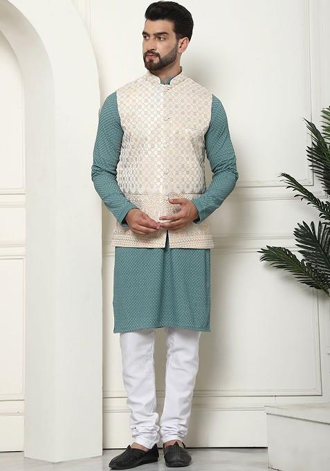 Sea Green Solid Cotton Kurta Set For Men