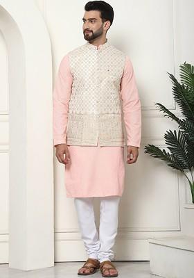 Peach Solid Cotton Kurta Set For Men
