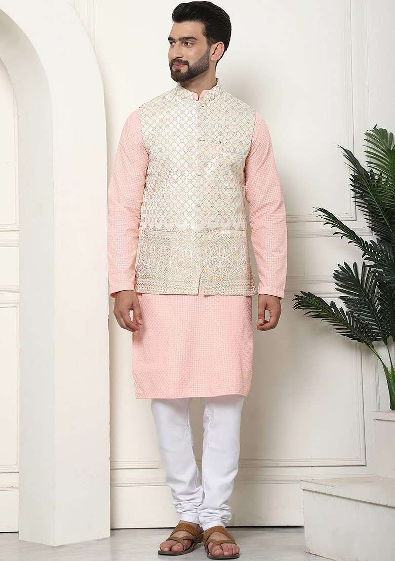 Peach Solid Cotton Kurta Set For Men - Indya