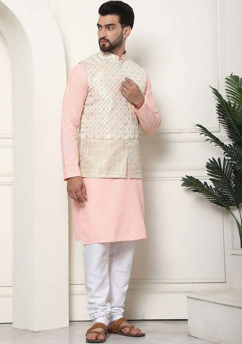 Peach Solid Cotton Kurta Set For Men - Indya