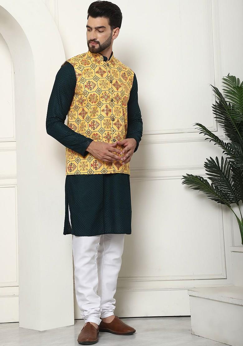 Green Checked Cotton Kurta Set For Men