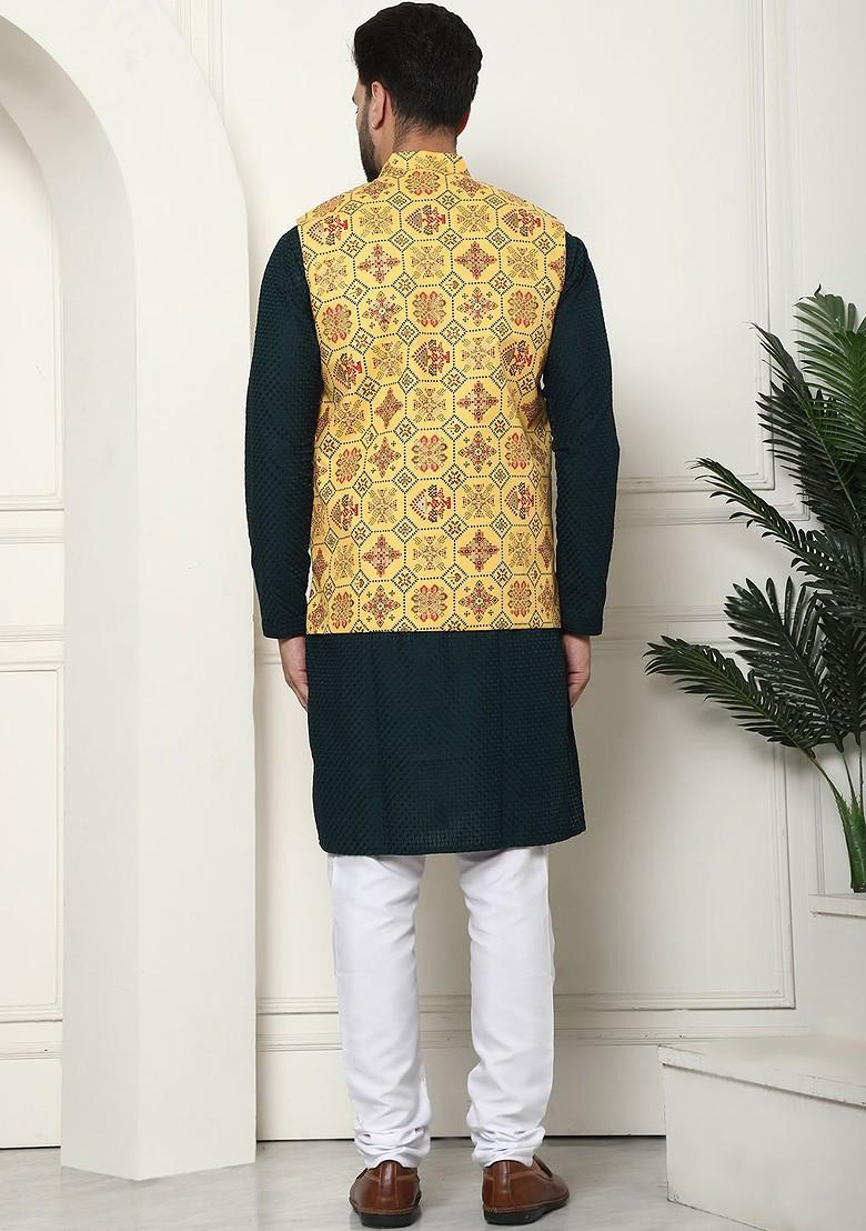 Green Checked Cotton Kurta Set For Men