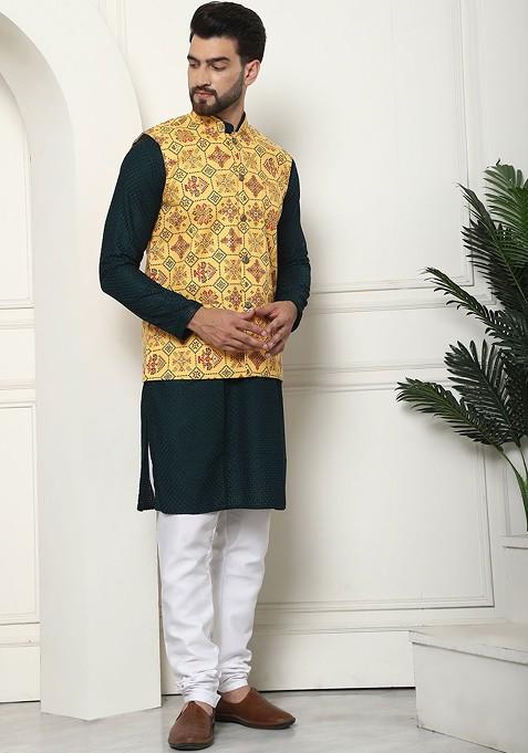 Green Checked Cotton Kurta Set For Men