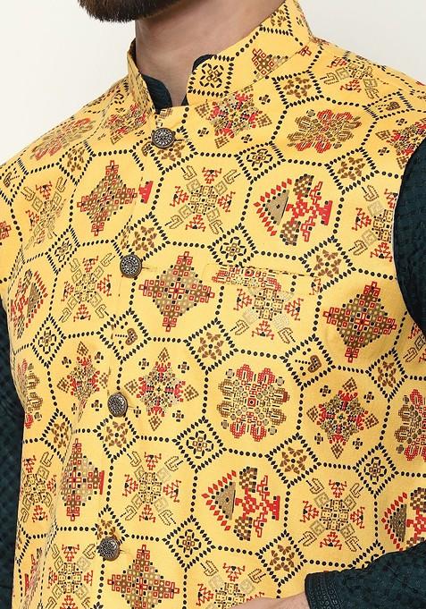 Green Checked Cotton Kurta Set For Men