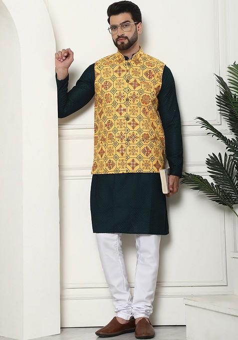 Green Checked Cotton Kurta Set For Men