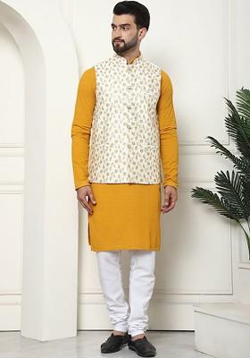 Mustard Thread Work Cotton Kurta Set For Men