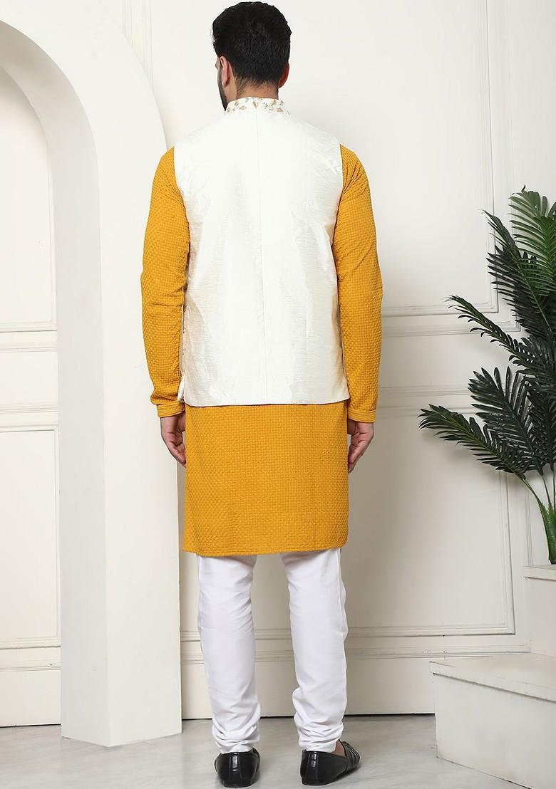 Mustard Thread Work Cotton Kurta Set For Men